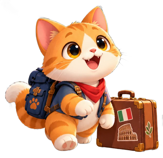 Miso the Adventure Cat with a backpack and a suitcase